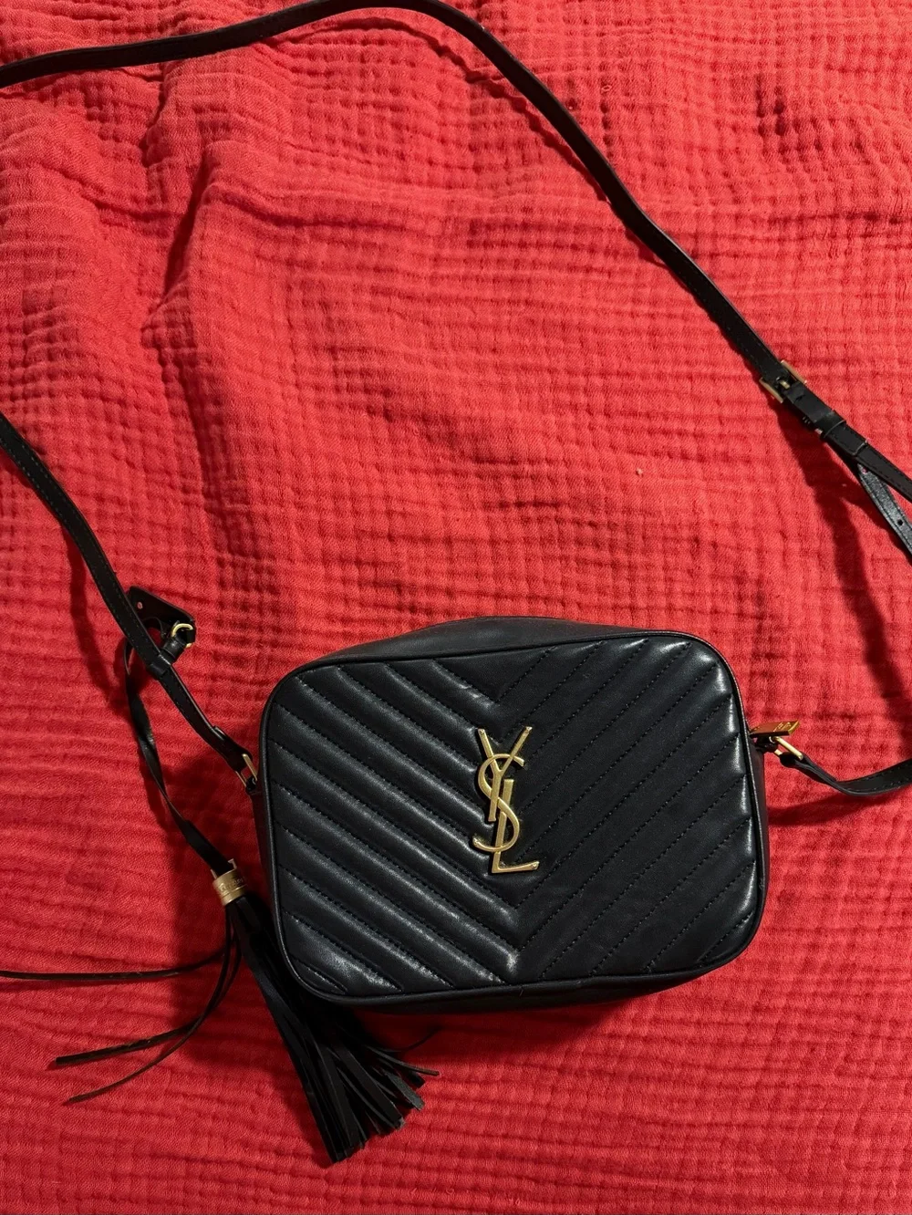 Yves Saint Laurent Black Quilted Leather Crossbody with Gold Logo and Tassel